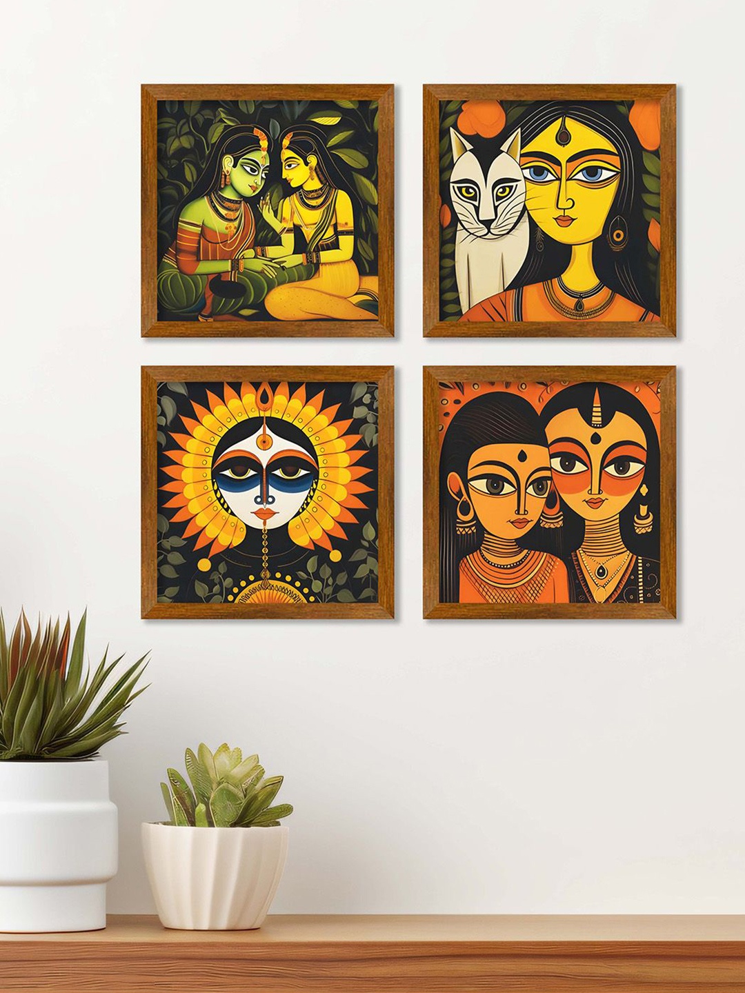 

ArtVibes Yellow & Green 4 Pieces Wooden Kalighat Painting Wall Arts