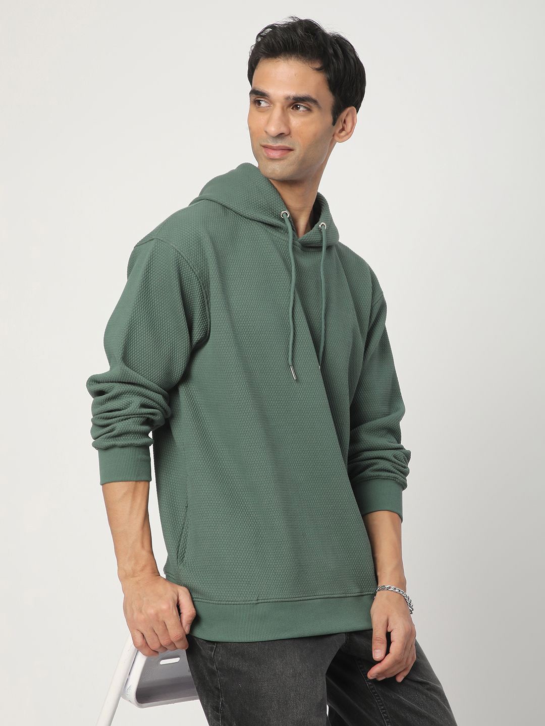 

R&B Men Cotton Hooded Long Sleeves Pullover Sweatshirt, Green