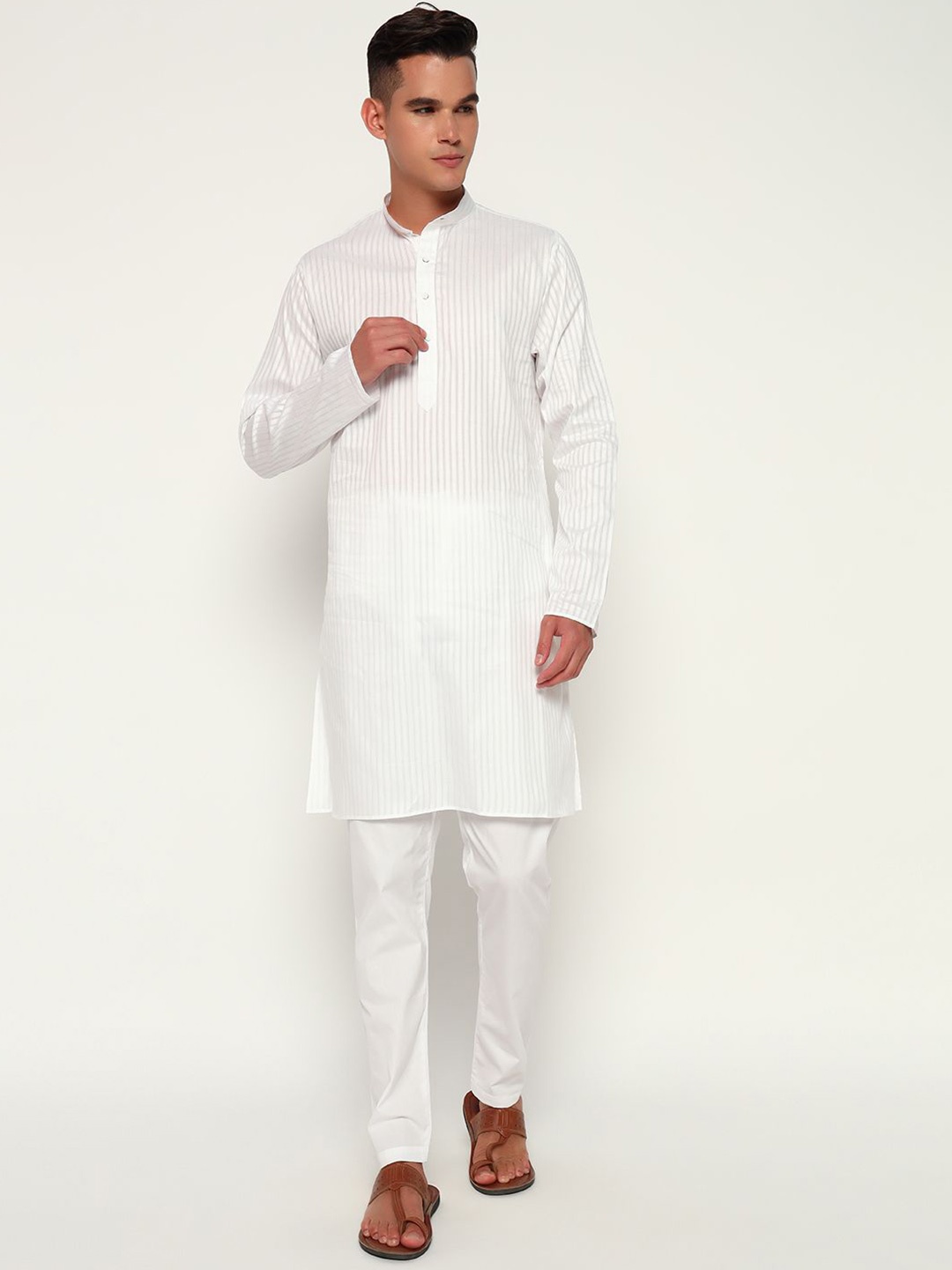 

ZARI Striped Jacquard Weave Mandarin Collar Cotton Straight Kurta, White