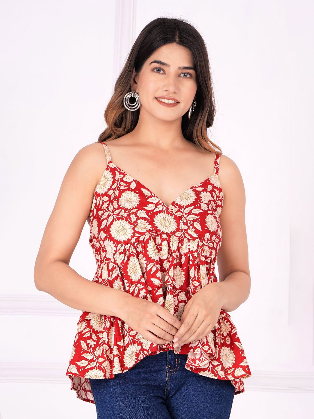 

Royal Marque Women Cotton Shoulder Straps Floral Printed Cotton Peplum Top, Maroon