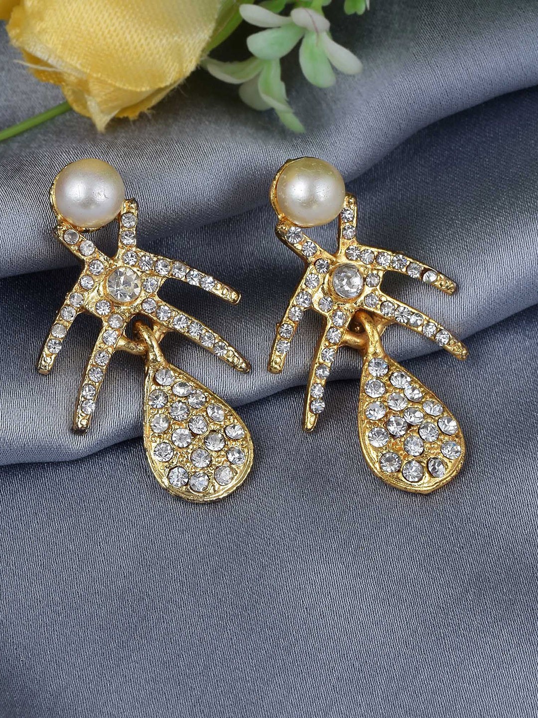 

MEMOIR Gold Plated Cubic Zirconia Studded Contemporary Drop Earrings