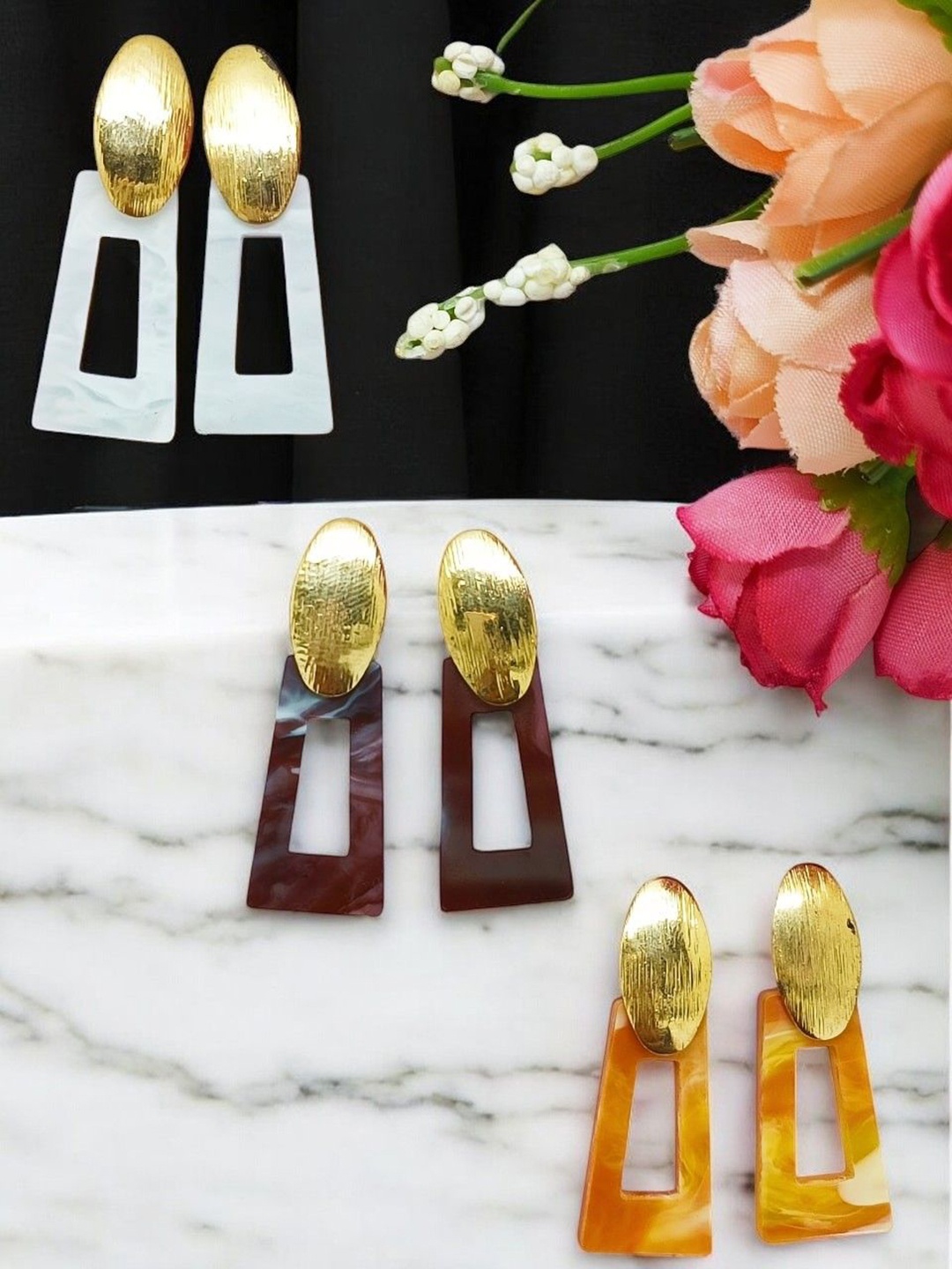 

9blings Set Of 3 Gold-Plated Geometric Drop Earrings