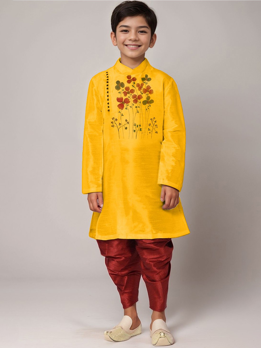 

DEVOILER Boys Floral Printed Straight Kurta, Mustard