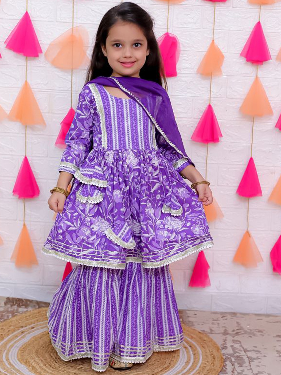 

AATYA KIIDS Girls Floral Printed Pure Cotton Anarkali Kurta With Sharara & Dupatta, Purple