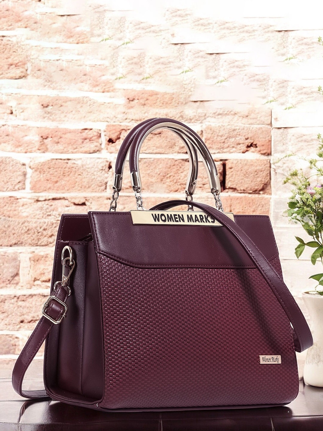 

WOMEN MARKS Textured Structured Handheld Bag With Detachable Sling Strap, Maroon