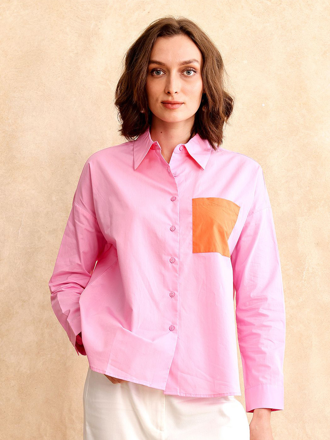 

RAREISM Women Comfort Spread Collar Solid Cotton Casual Shirt, Pink
