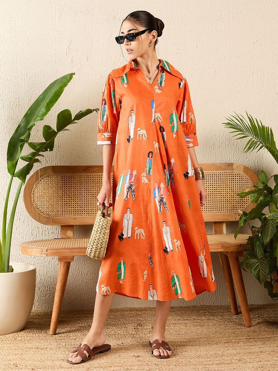 

Uptownie Front Pleated Cotton Midi Dress, Orange