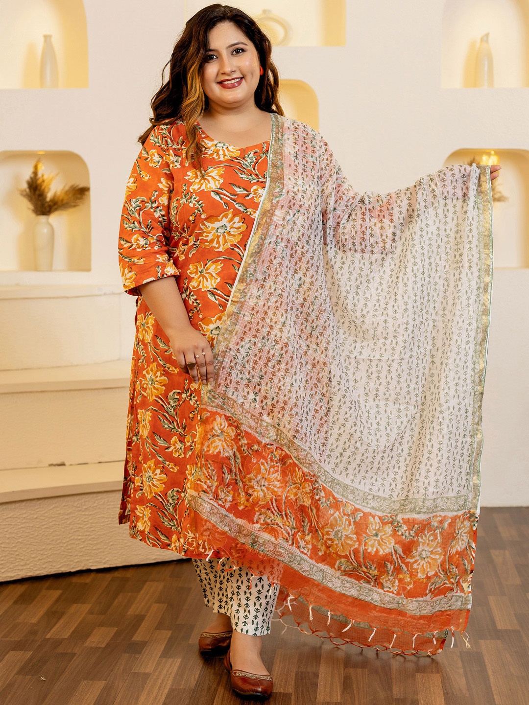 

LALI JAIPUR Plus Size Floral Printed Sequinned Pure Cotton Kurta with Trouser & Dupatta, Orange