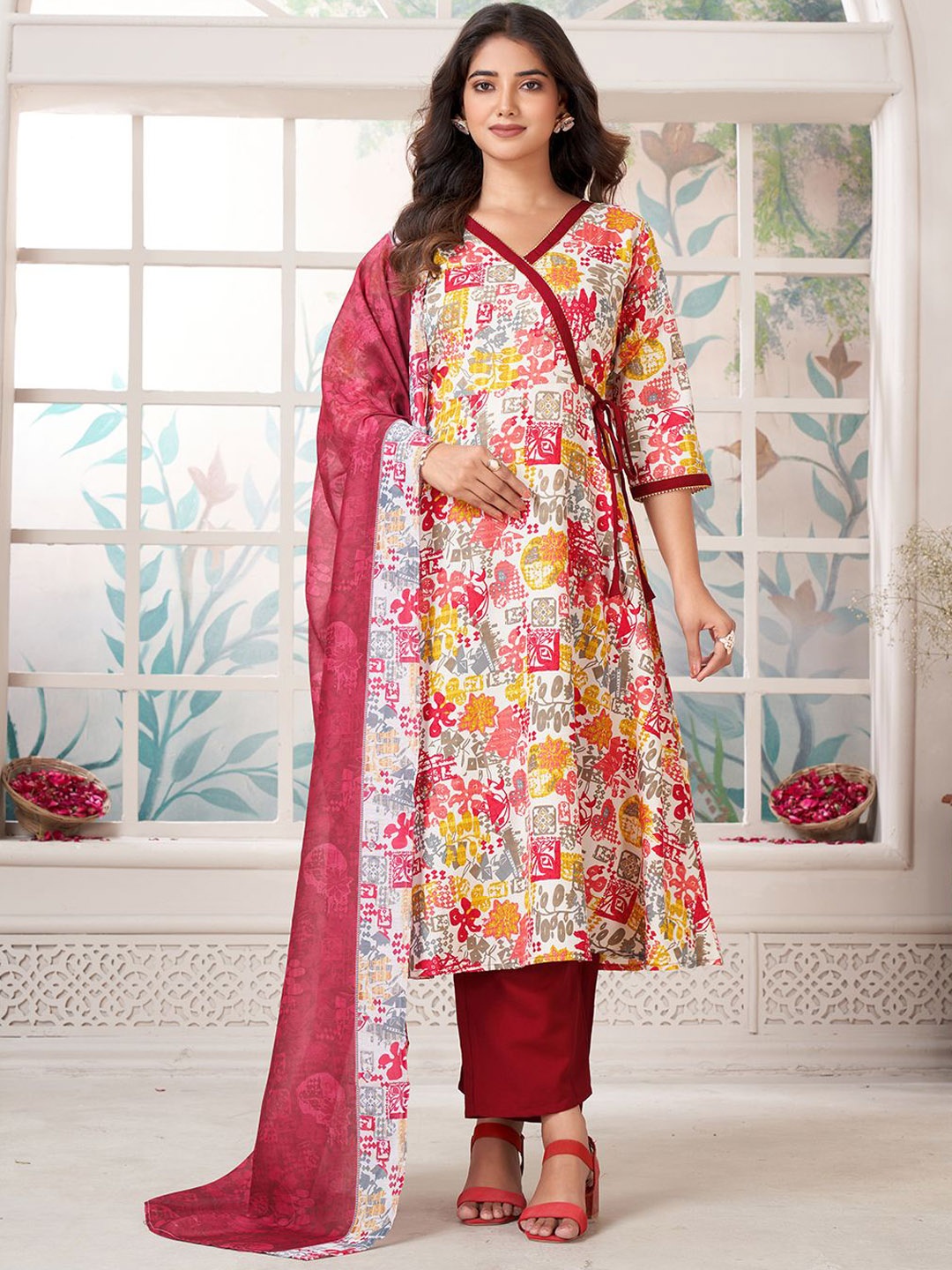 

KALINI Ethnic Motifs Printed Angrakha Kurta With Palazzos & Dupatta, Red