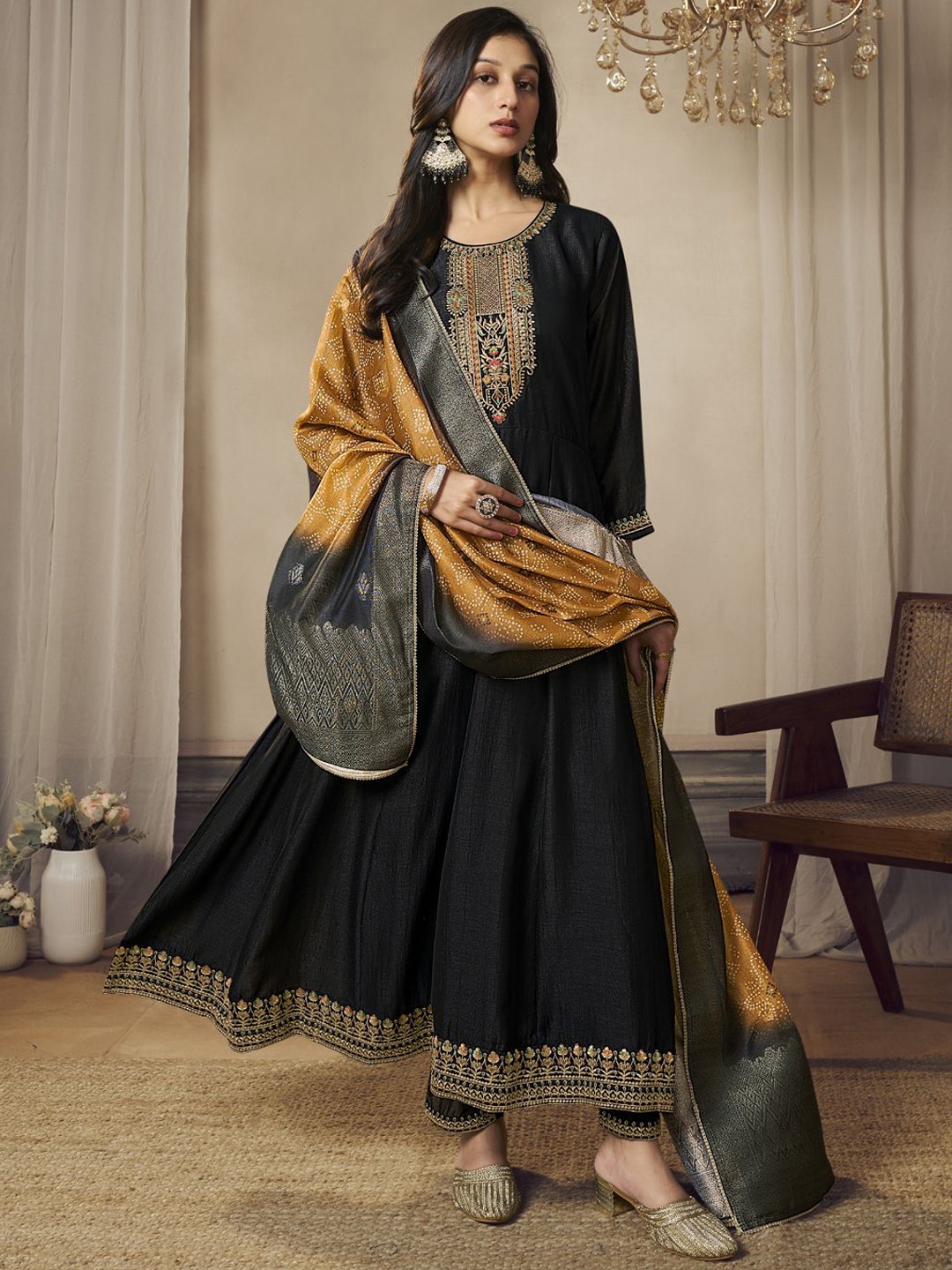 

all about you Floral Embroidered Regular Anarkali Kurta with Trousers & Dupatta, Black