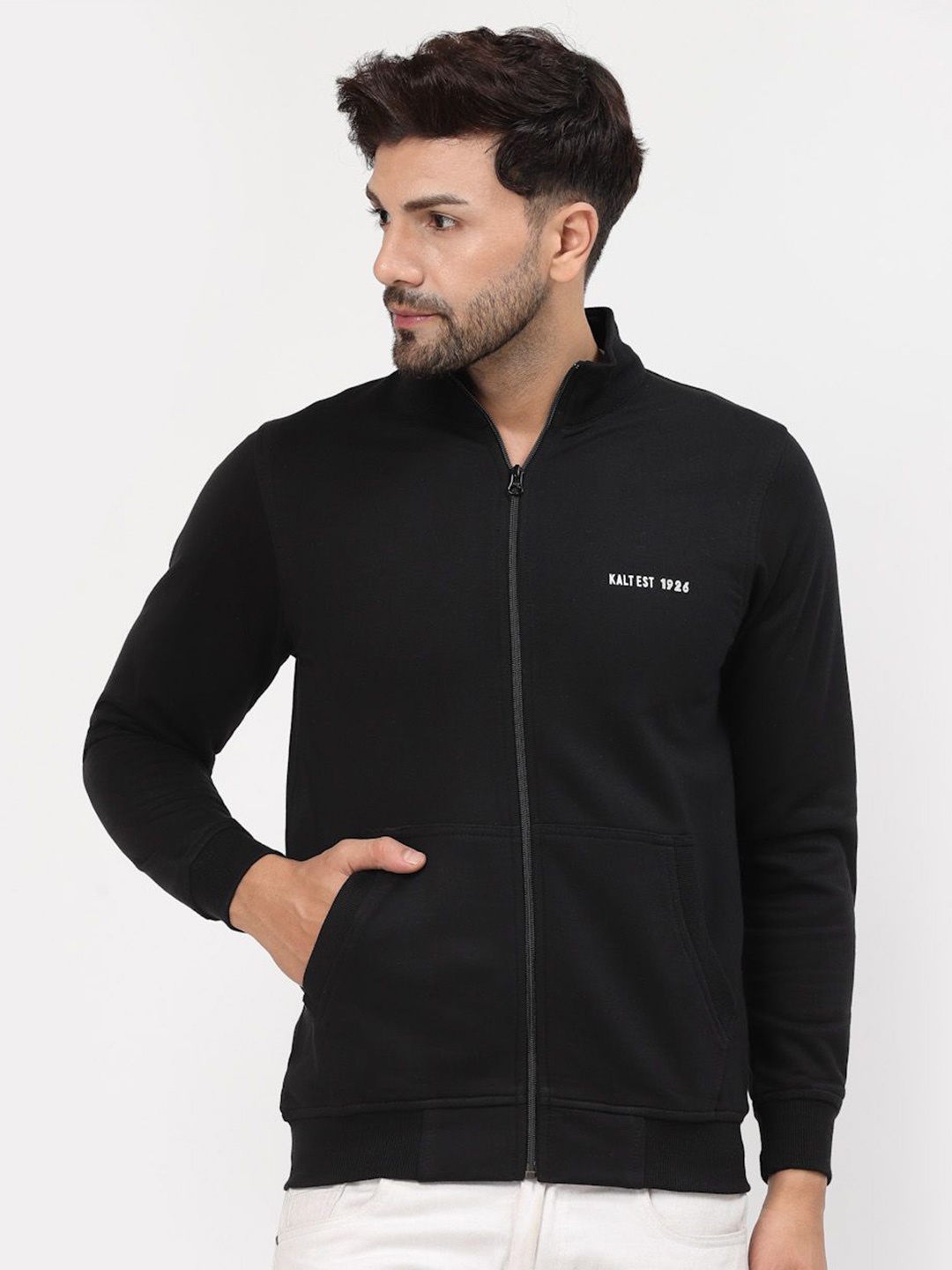 

Kalt Men Full Sleeves Mock Collar Sweatshirt, Black