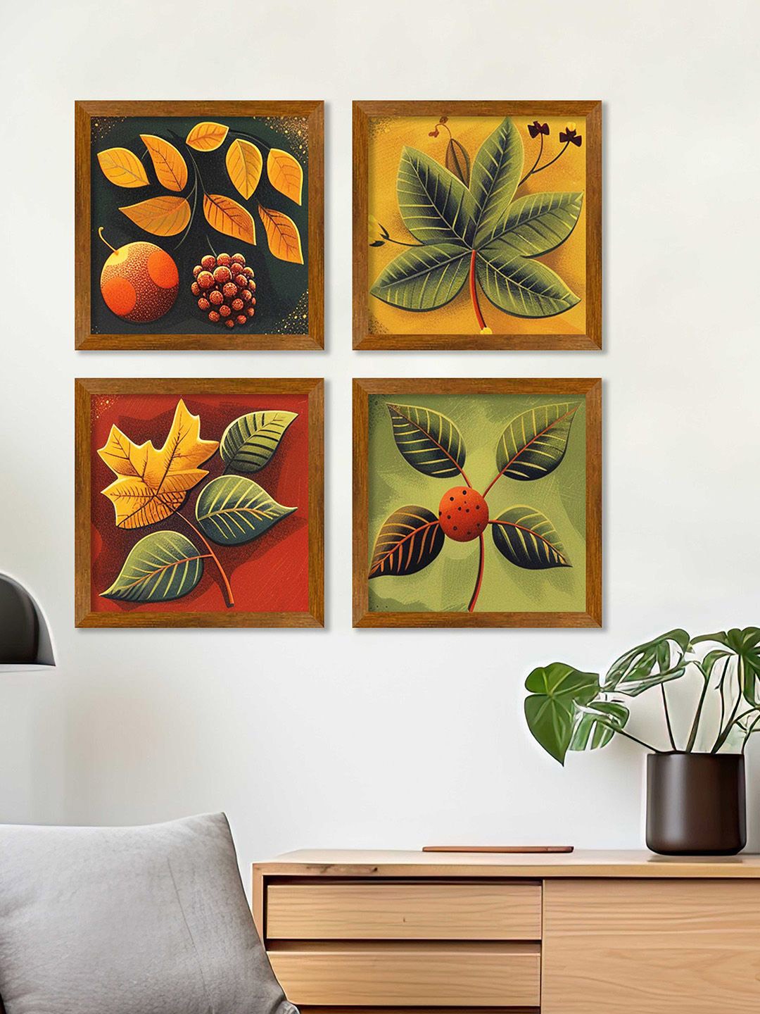 

ArtVibes Yellow & Green 4 Pieces Fruits Leaves Wooden Painting Wall Arts