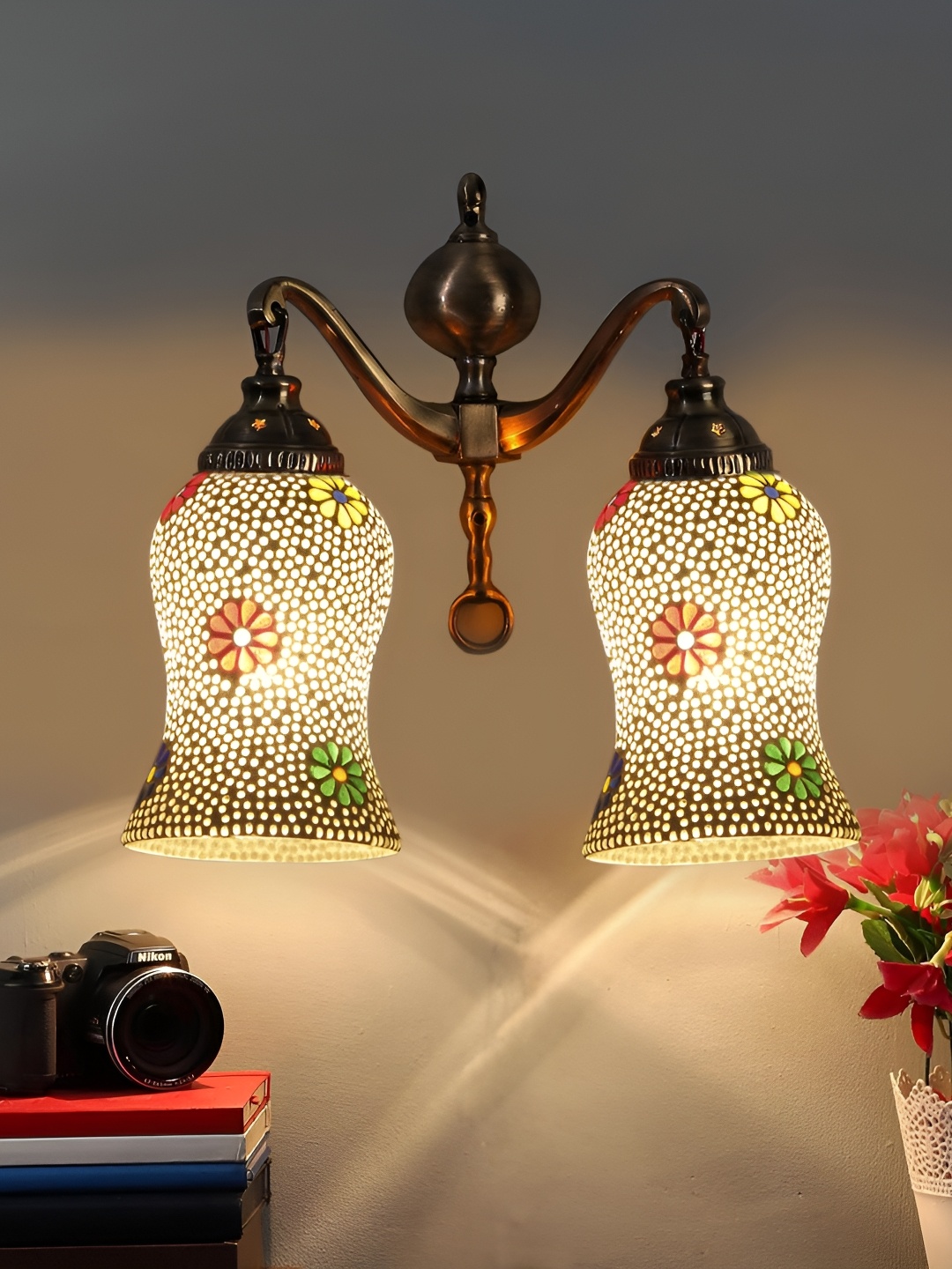 

Devansh White & Gold-Toned Printed Metal Traditional Wall Lamp