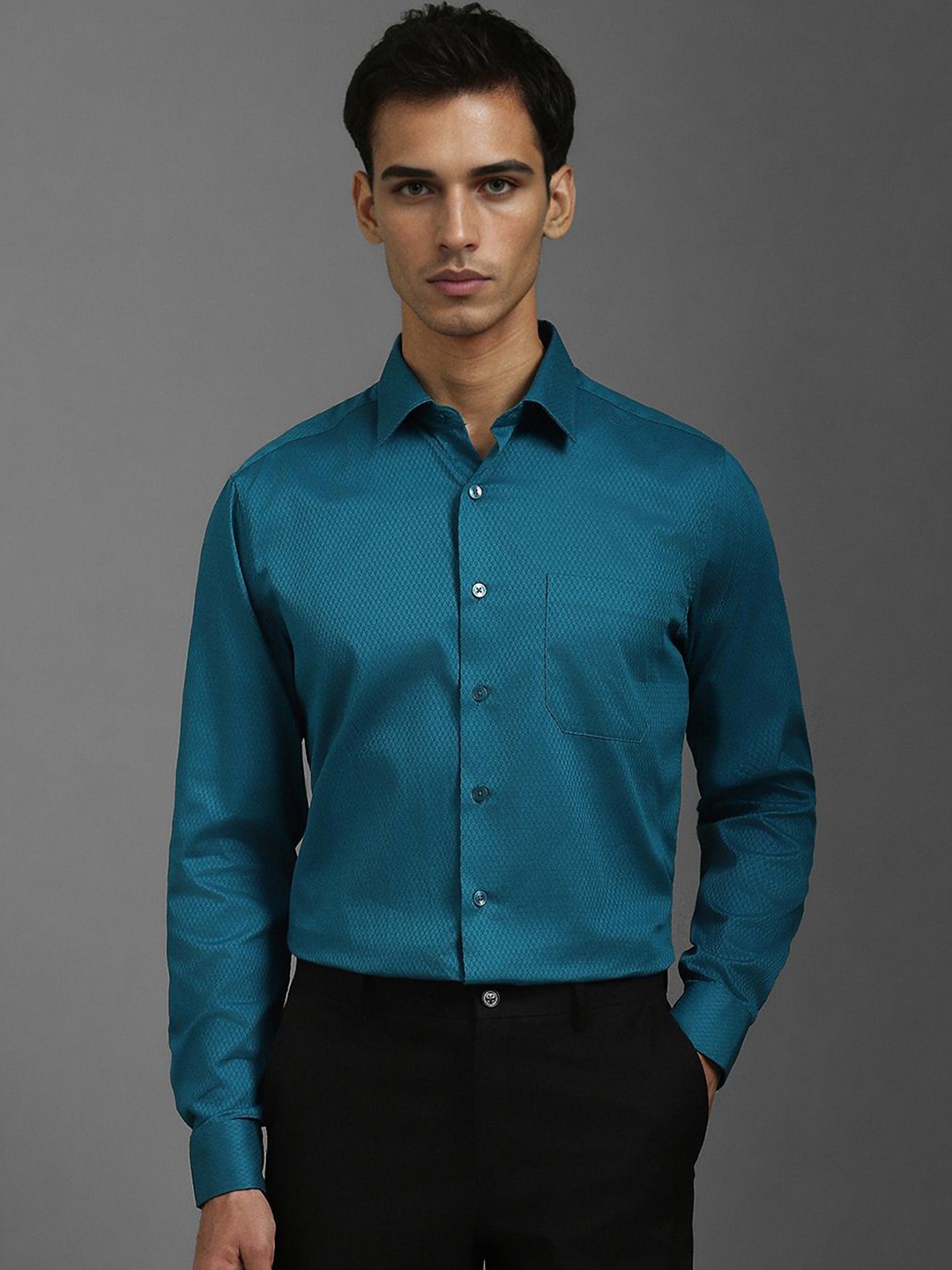 

Louis Philippe Pure Cotton Self Design Textured Slim Fit Opaque Formal Shirt, Blue