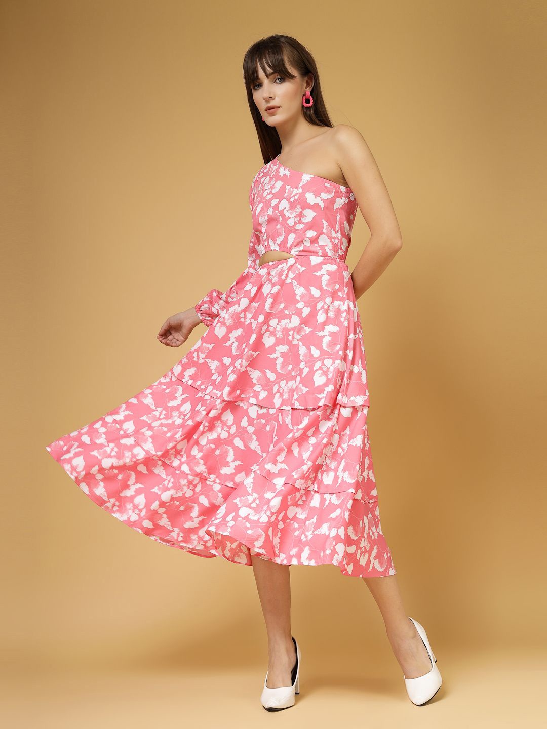 

Oomph! Women Floral Printed One Shoulder Fit and Flare Midi Dress, Pink