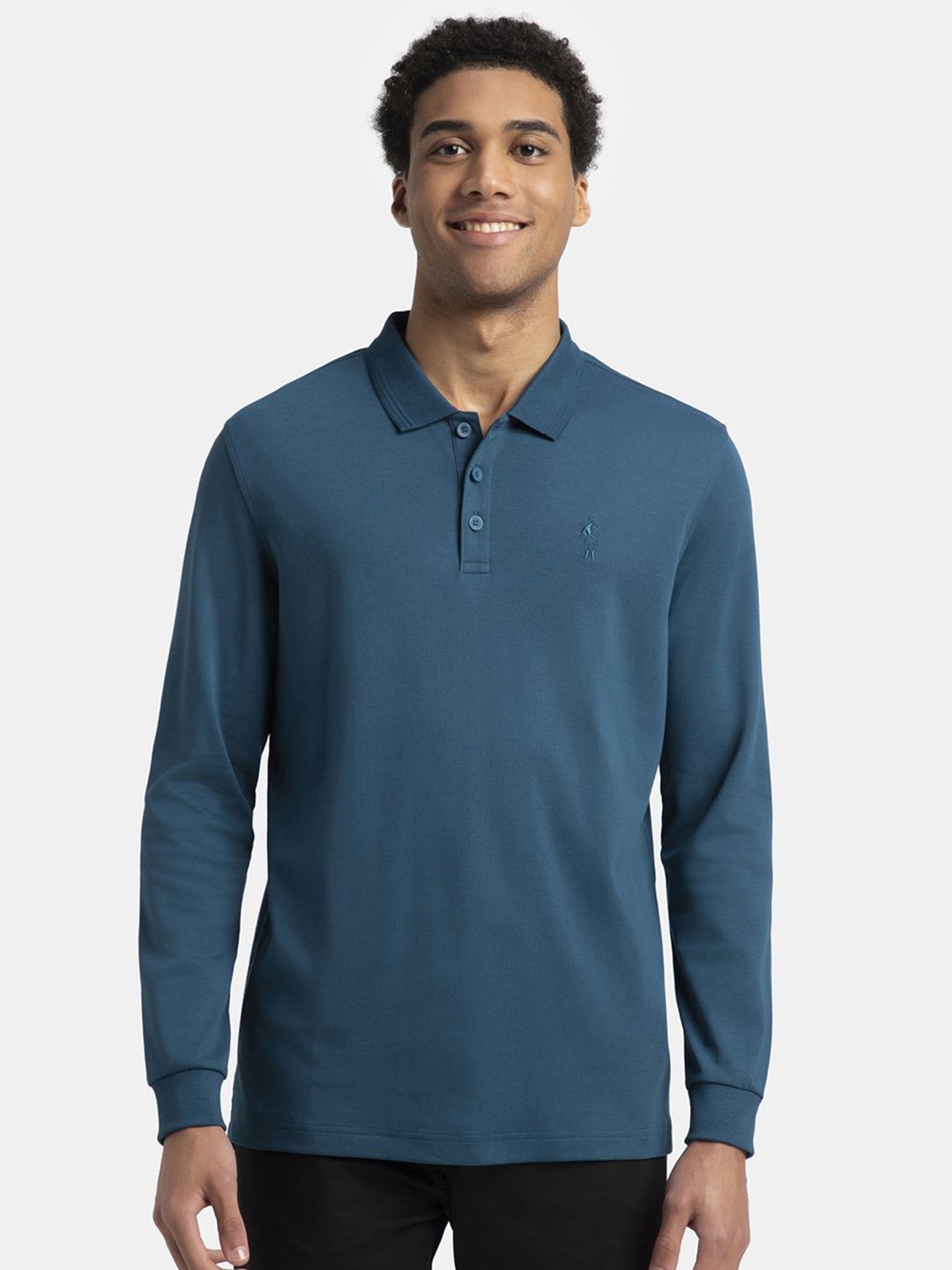 

Jockey Super Combed Cotton Rich Solid Full Sleeve Polo T-shirt with Ribbed Cuffs - 3914, Teal