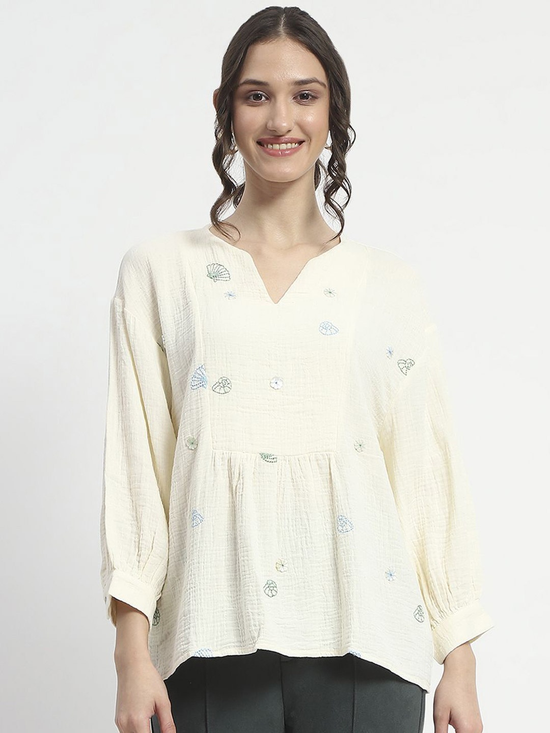 

Madame Women Embroidered A-line Cotton Top, Beige