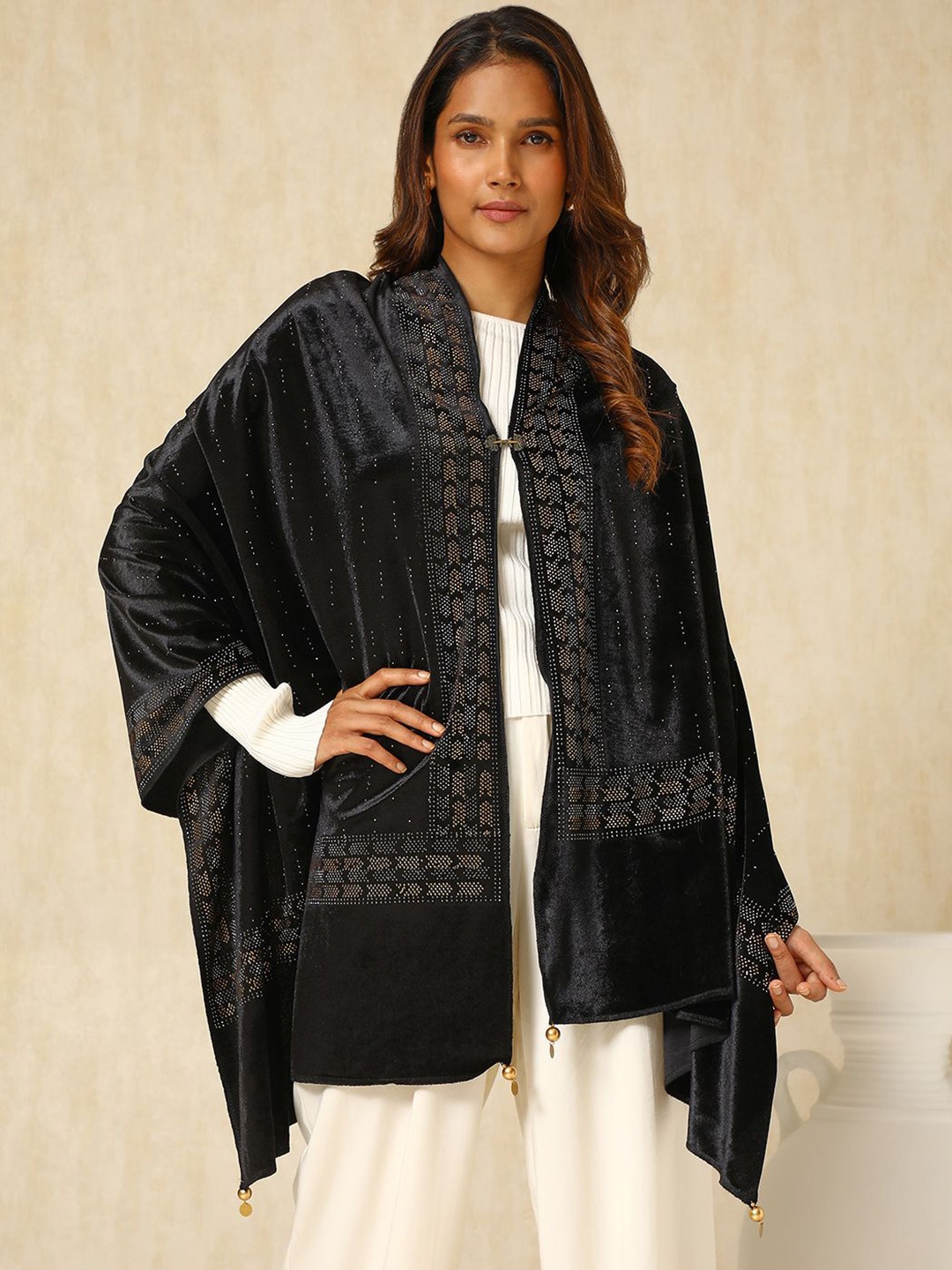 

Soch Ethnic Motifs Embroidered Velvet Shawl, Black