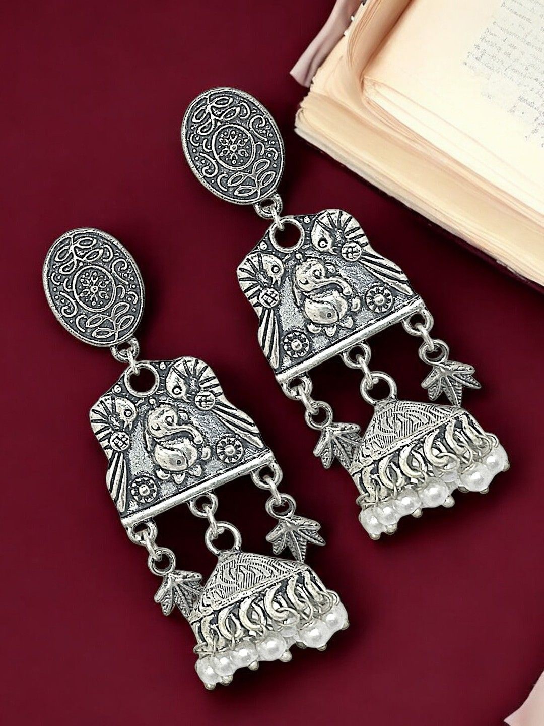 

9blings Silver-Plated Pearls Ganesh Dome Shaped Oxidised Jhumkas