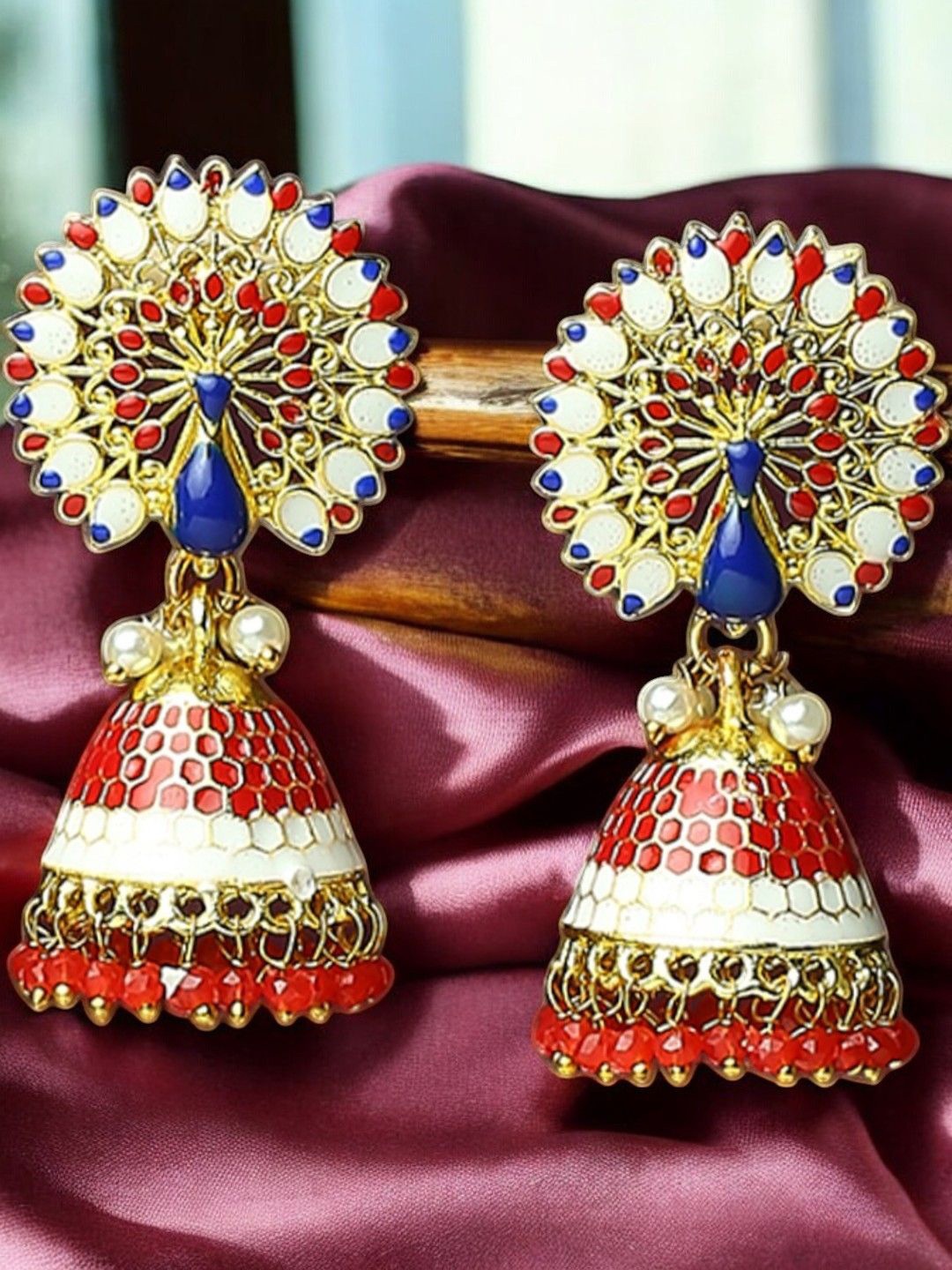 

Anouk Peacock Shaped Jhumkas Earrings, Red
