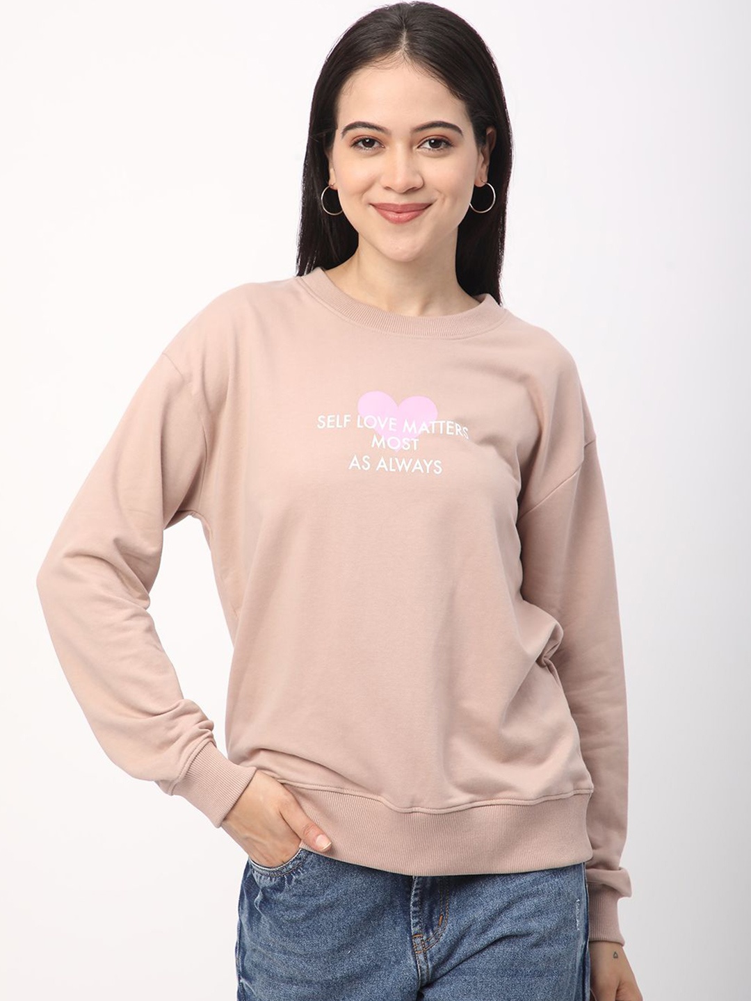 

R&B Women Printed Long Sleeves Round Neck Pullover Sweatshirt, Brown