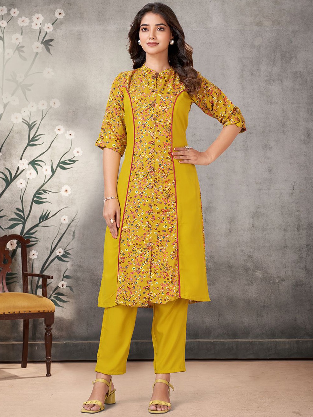 

KALINI Ethnic Motifs Printed Mandarin Collar Straight Kurta With Palazzo, Yellow