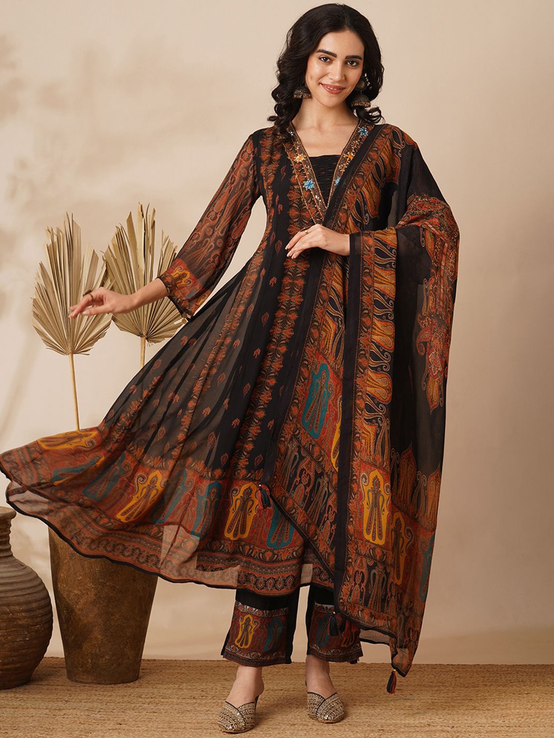 

FASHOR Black Ethnic Motifs Printed Thread Work A-Line Kurta with Trouser & Dupatta