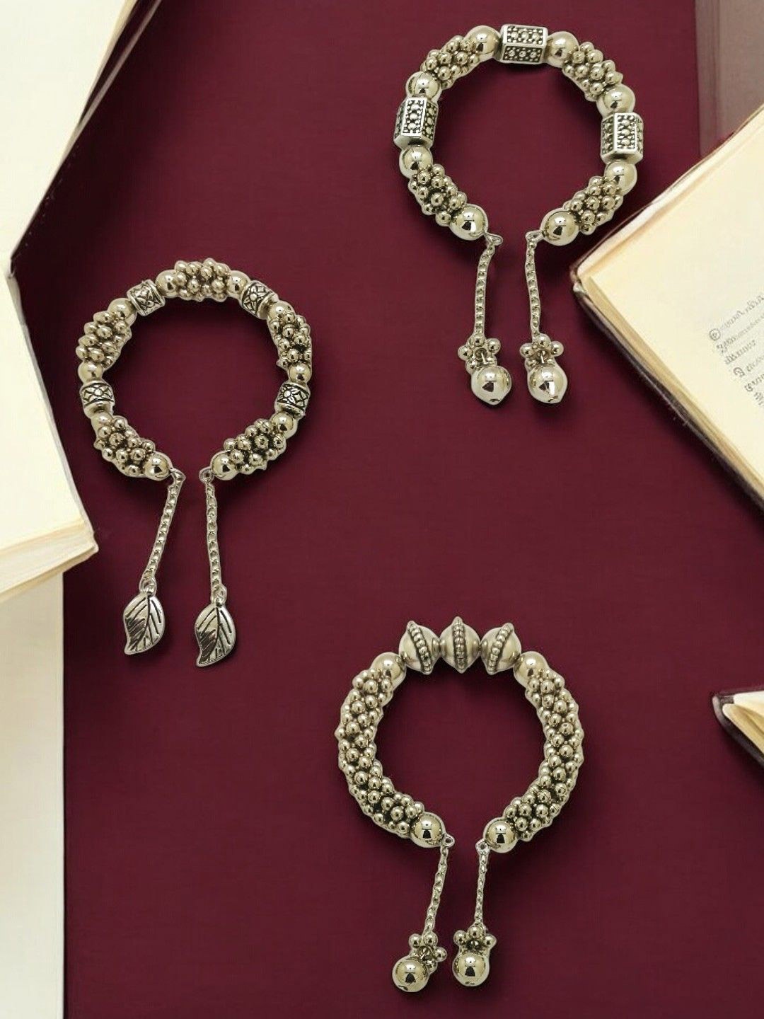 

9blings Set Of 3 Silver-Plated Beaded Charm Bracelets