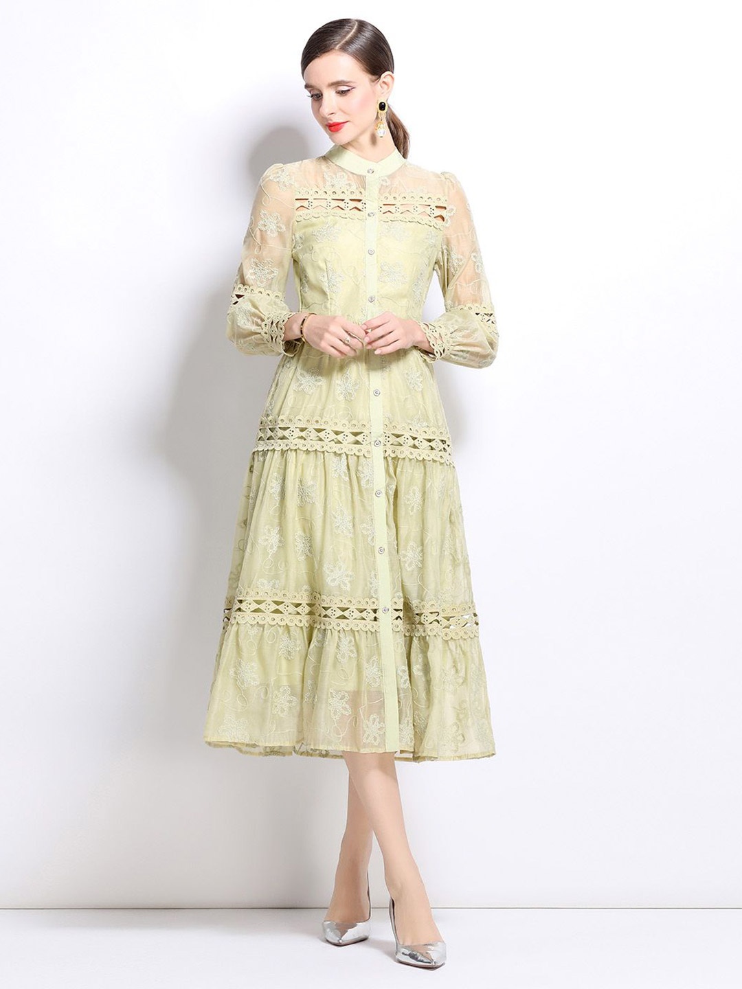 

JC Collection Embroidered Mandarin Collar Long Sleeves Shirt Midi Dress, Green