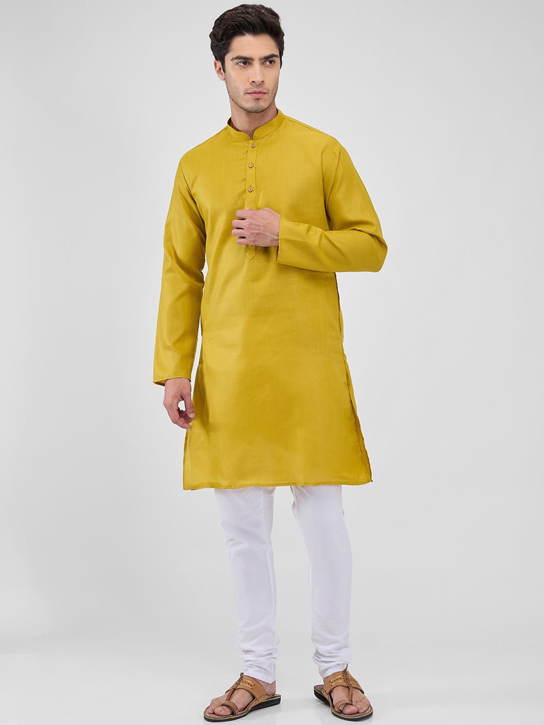 

Mmore Men Regular Kurta with Churidar, Mustard