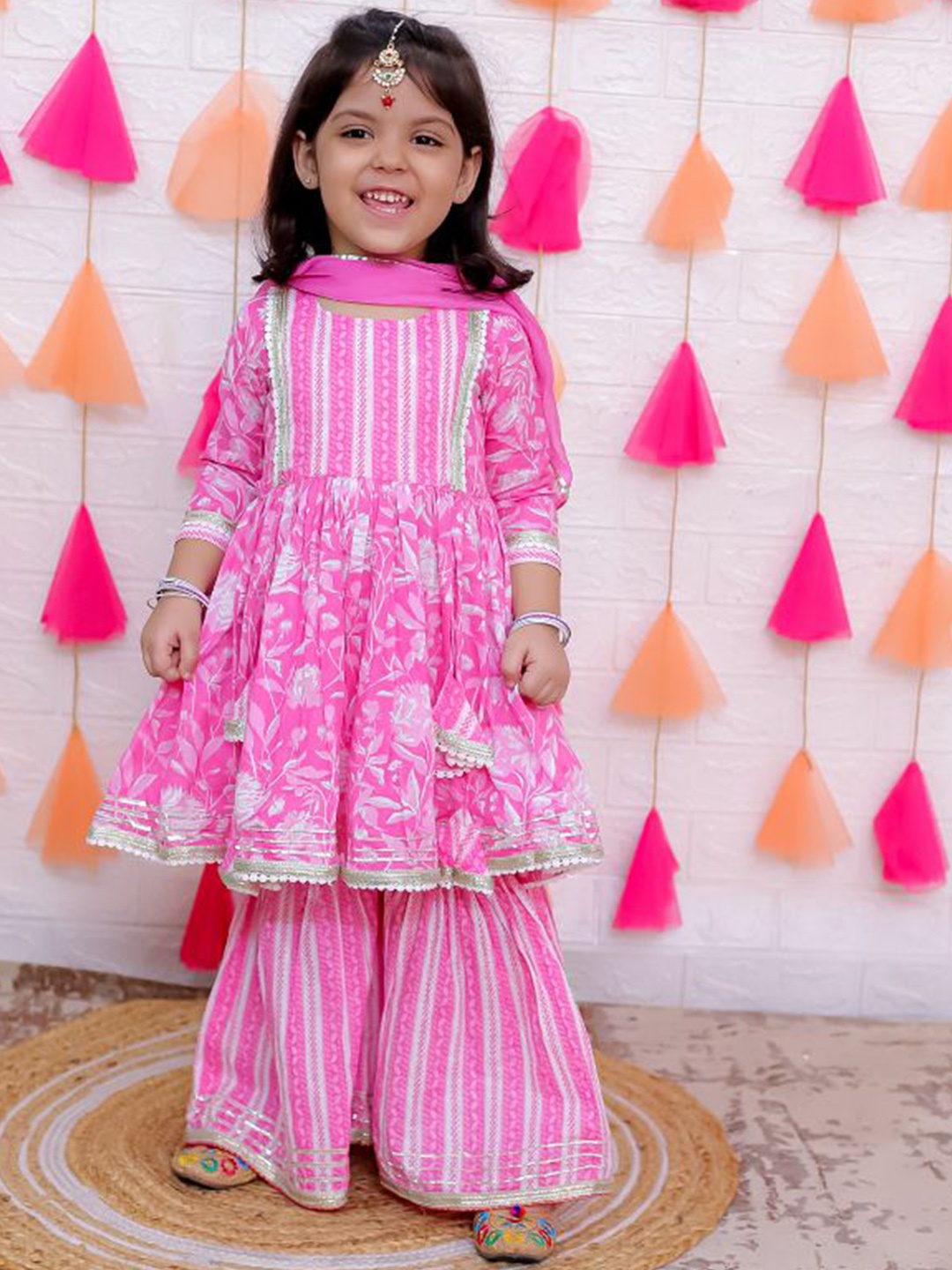 

AATYA KIIDS Girls Floral Printed Pure Cotton Anarkali Kurta With Sharara & Dupatta, Pink