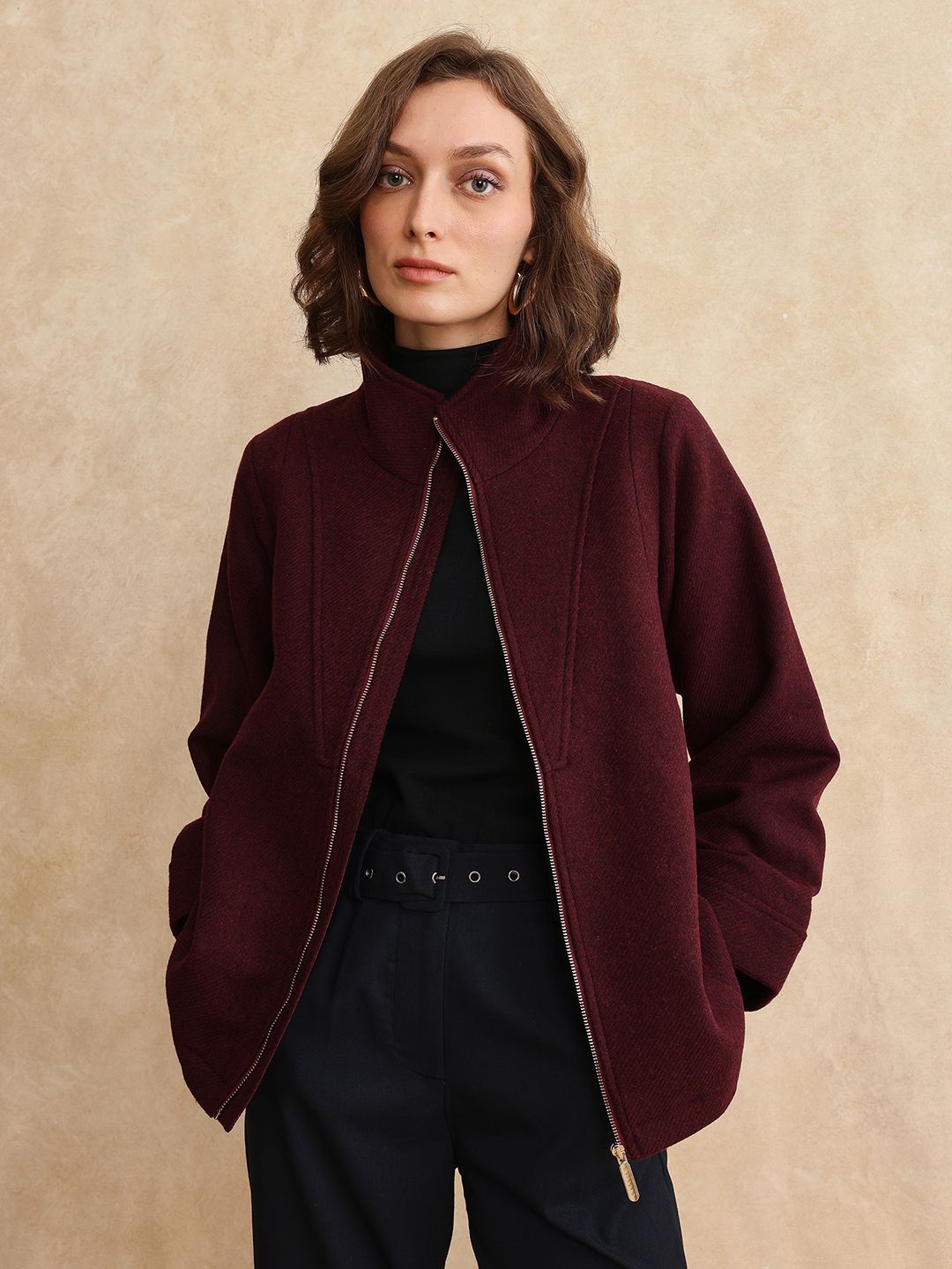 

RAREISM Women Tailored Jacket with Embroidered, Maroon