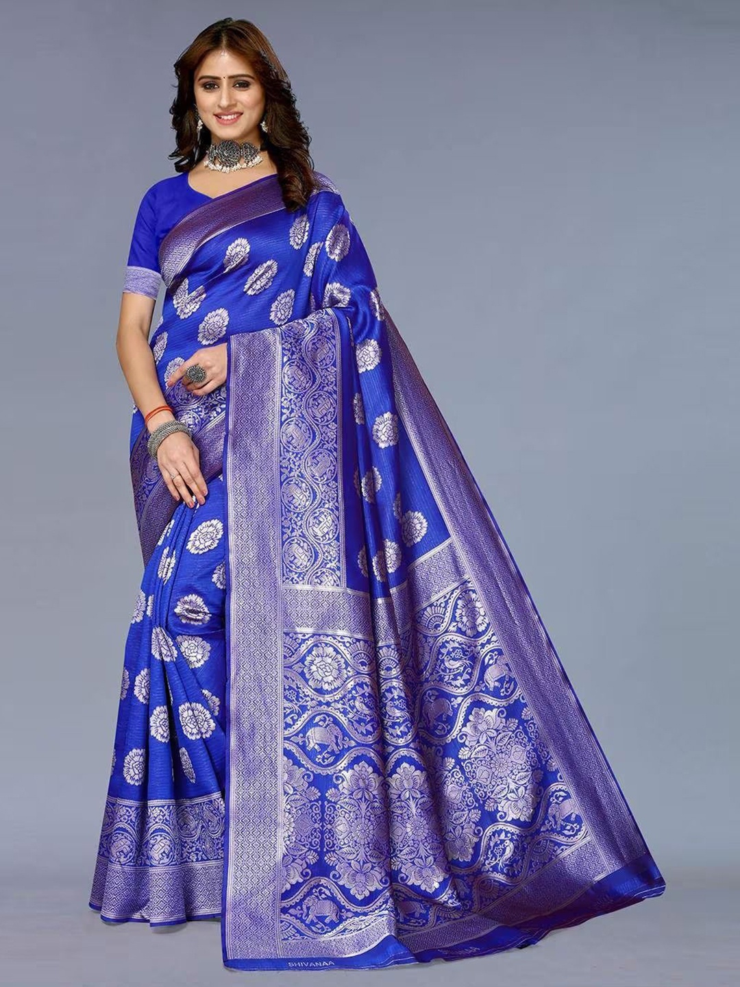 

Florence Woven Design Zari Pure Silk Banarasi Saree, Blue