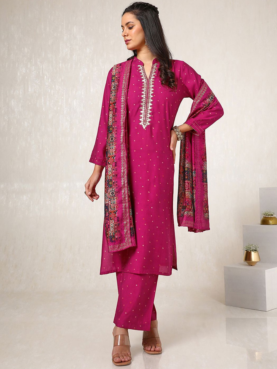 

Soch Geometric Printed Straight Kurta with Palazzos & Dupatta, Pink