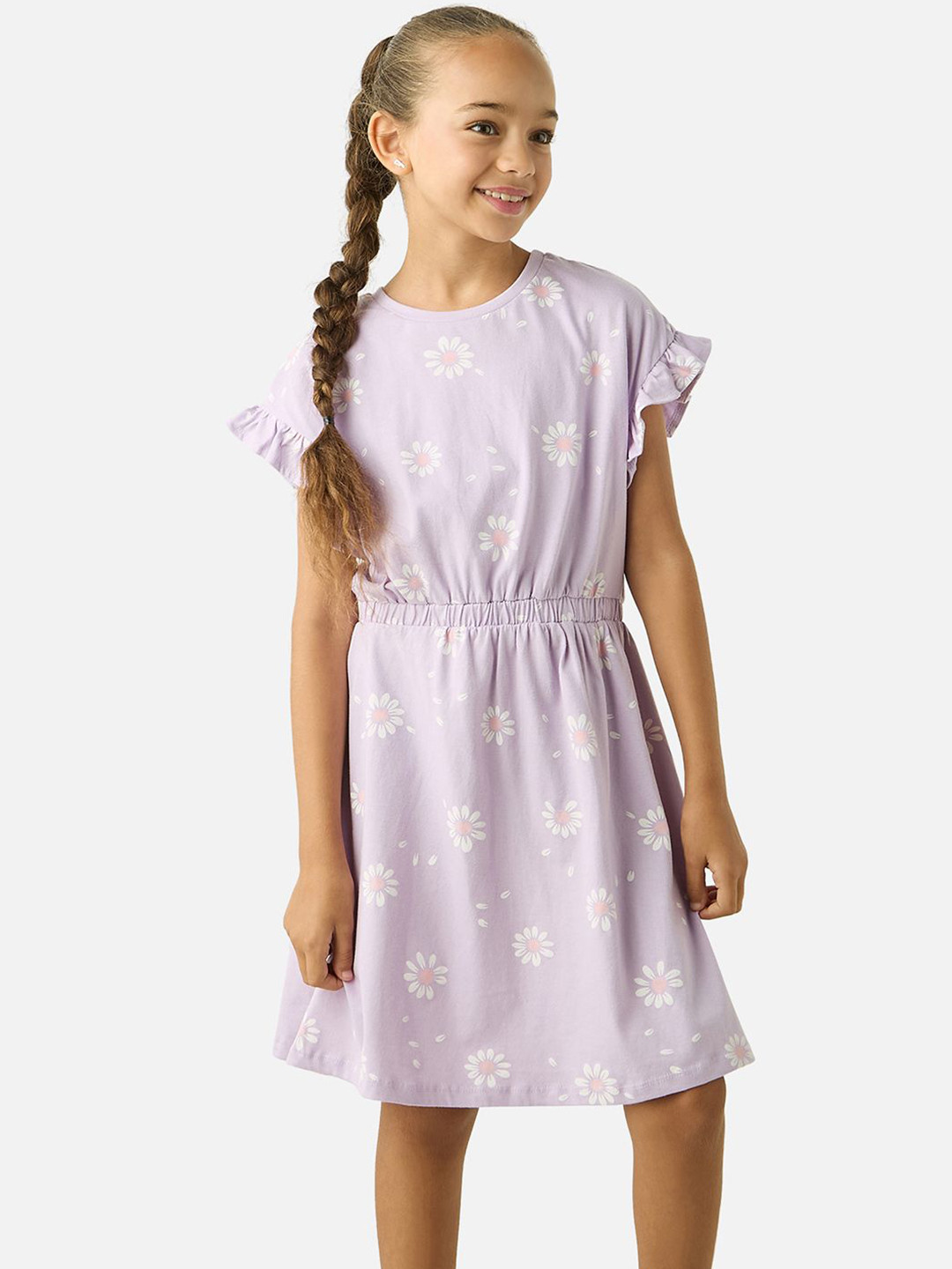 

Juniors by Babyshop Floral Printed Round Neck Flutter Sleeve Fit & Flare Dress, Purple