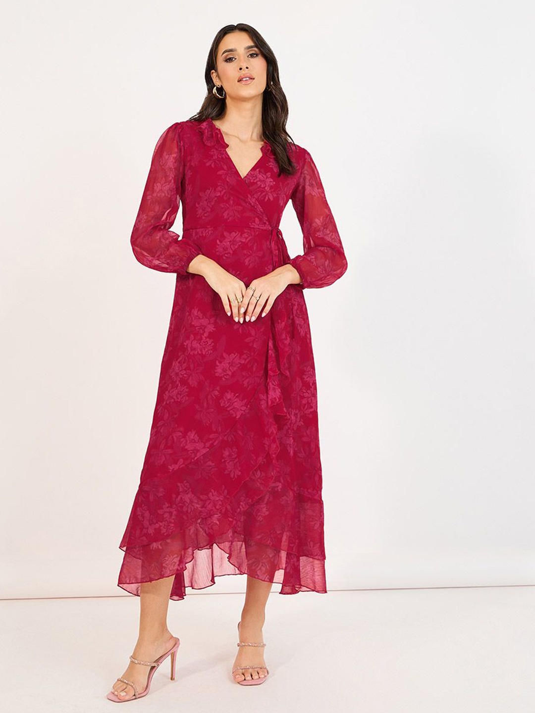 

Styli Women Floral Print Ruffle Collar Long Sleeves A-Line Maxi Dress, Red