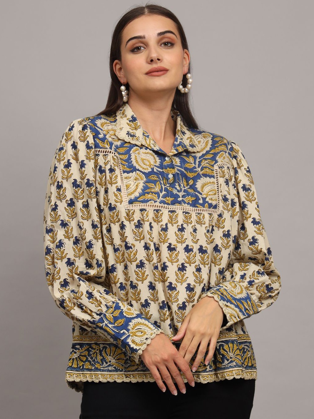 

CHARMGAL Women Floral Printed Shirt Collar Cotton Tunic, Cream