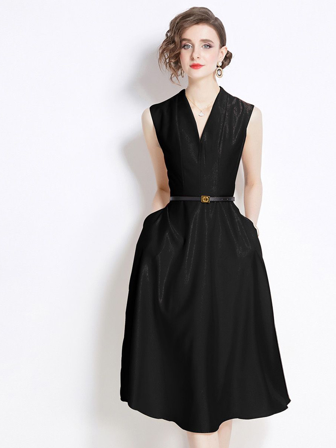 

JC Collection Women V-Neck Sleeveless Fit & Flare Dress, Black