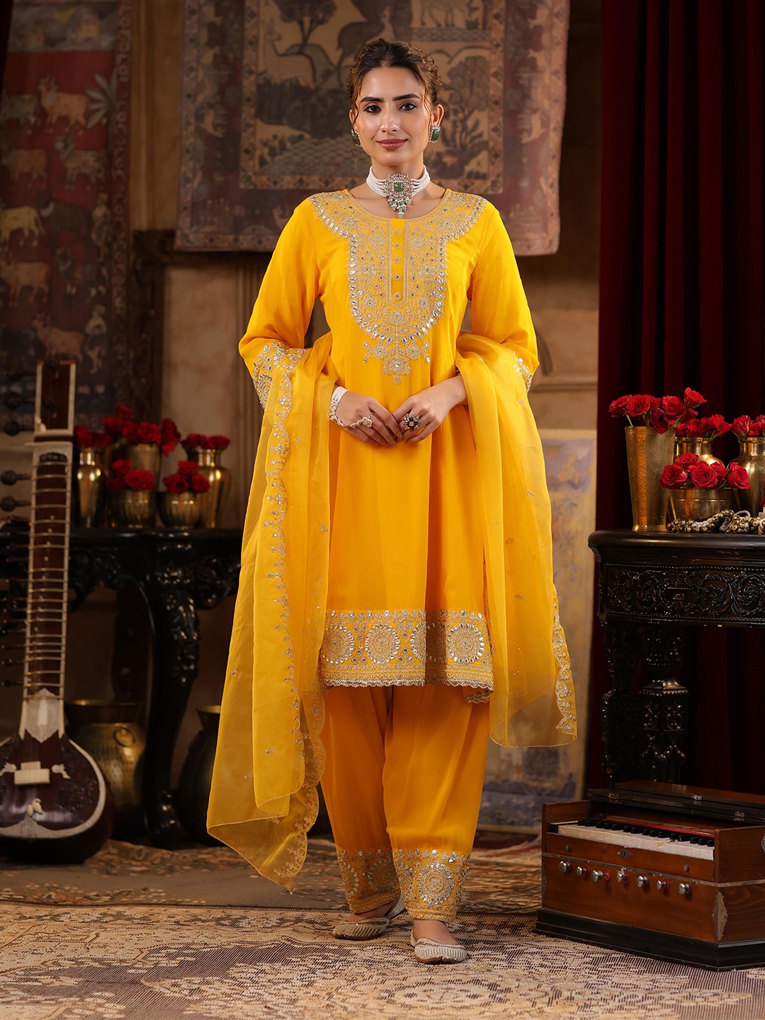 

SCAKHI Ethnic Motifs Embroidered Sequinned Georgette A-Line Kurta with Salwar & Dupatta, Yellow