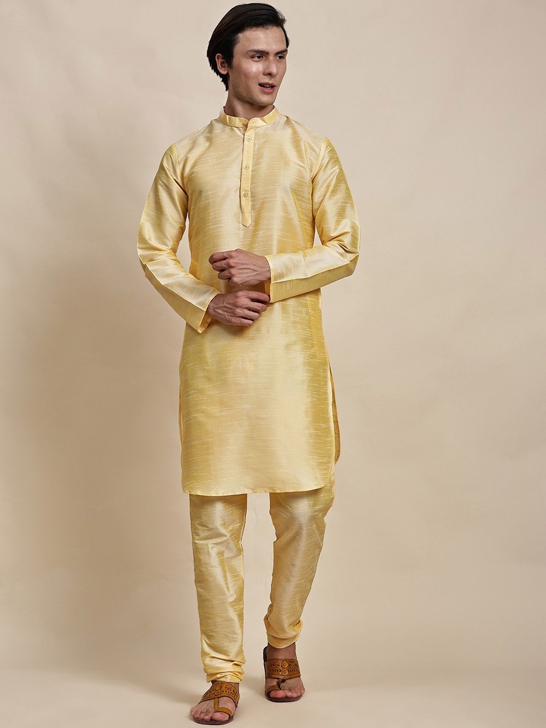 

SKAVIJ Mandarin Collar Long Sleeves Straight Kurta with Churidar, Beige