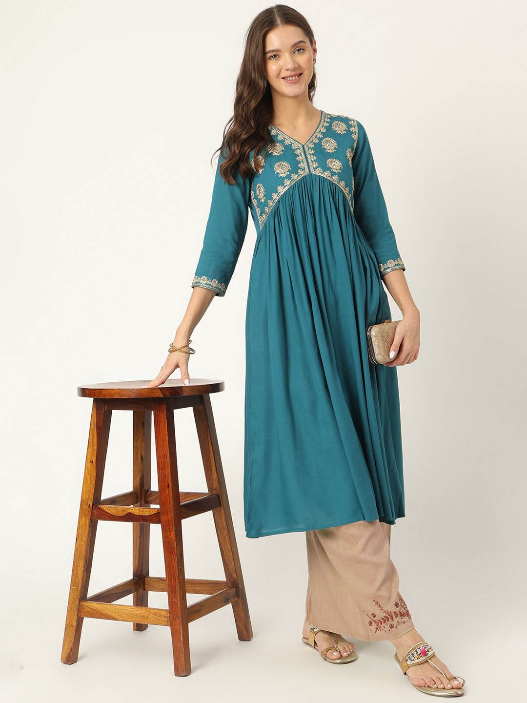 

Ashlee Ethnic Motifs Embroidered Sequinned Pleated A-Line Kurta, Blue