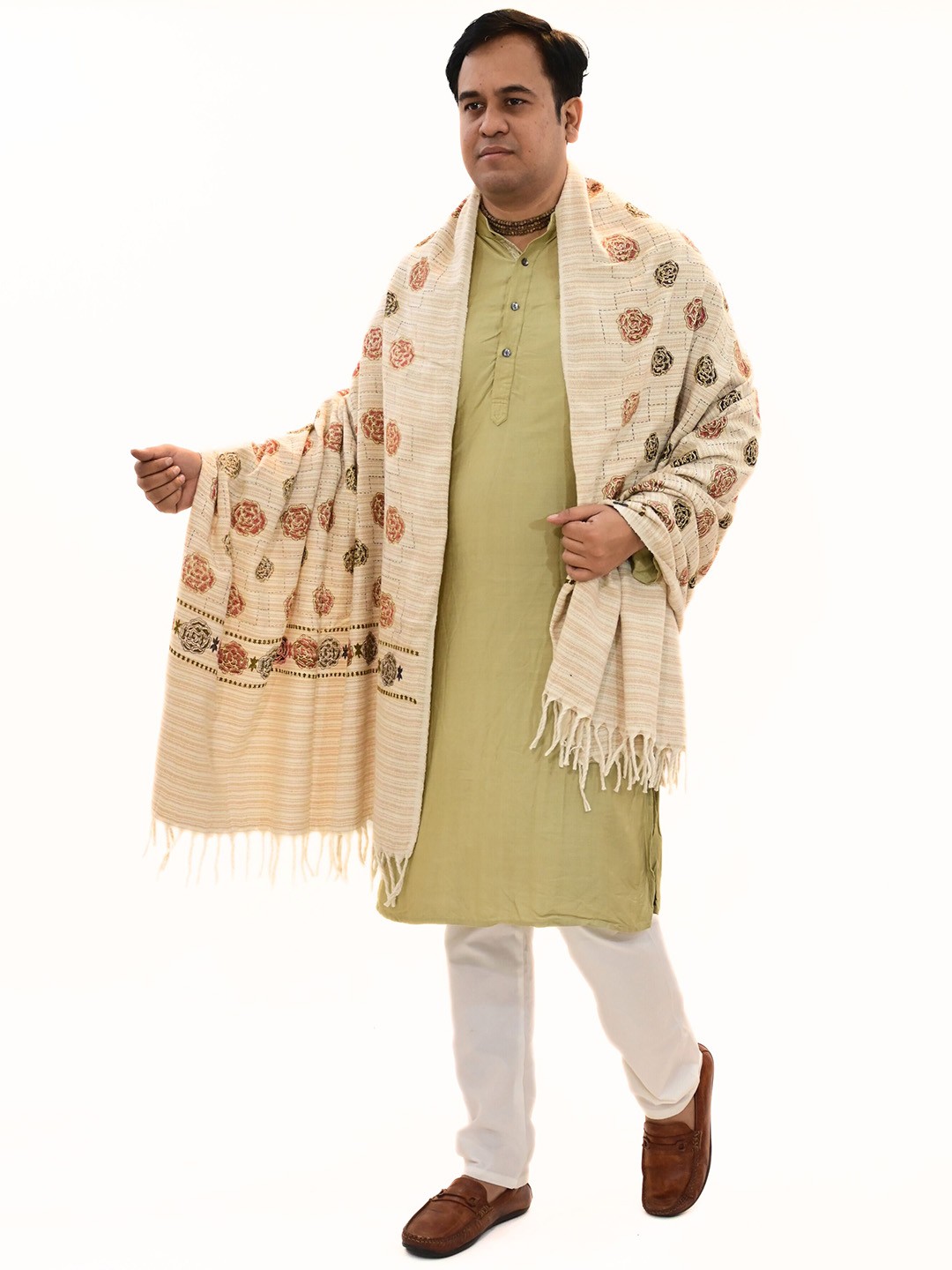 

Vrinde Floral Kashmiri Printed Pure Woollen Shawl, Cream