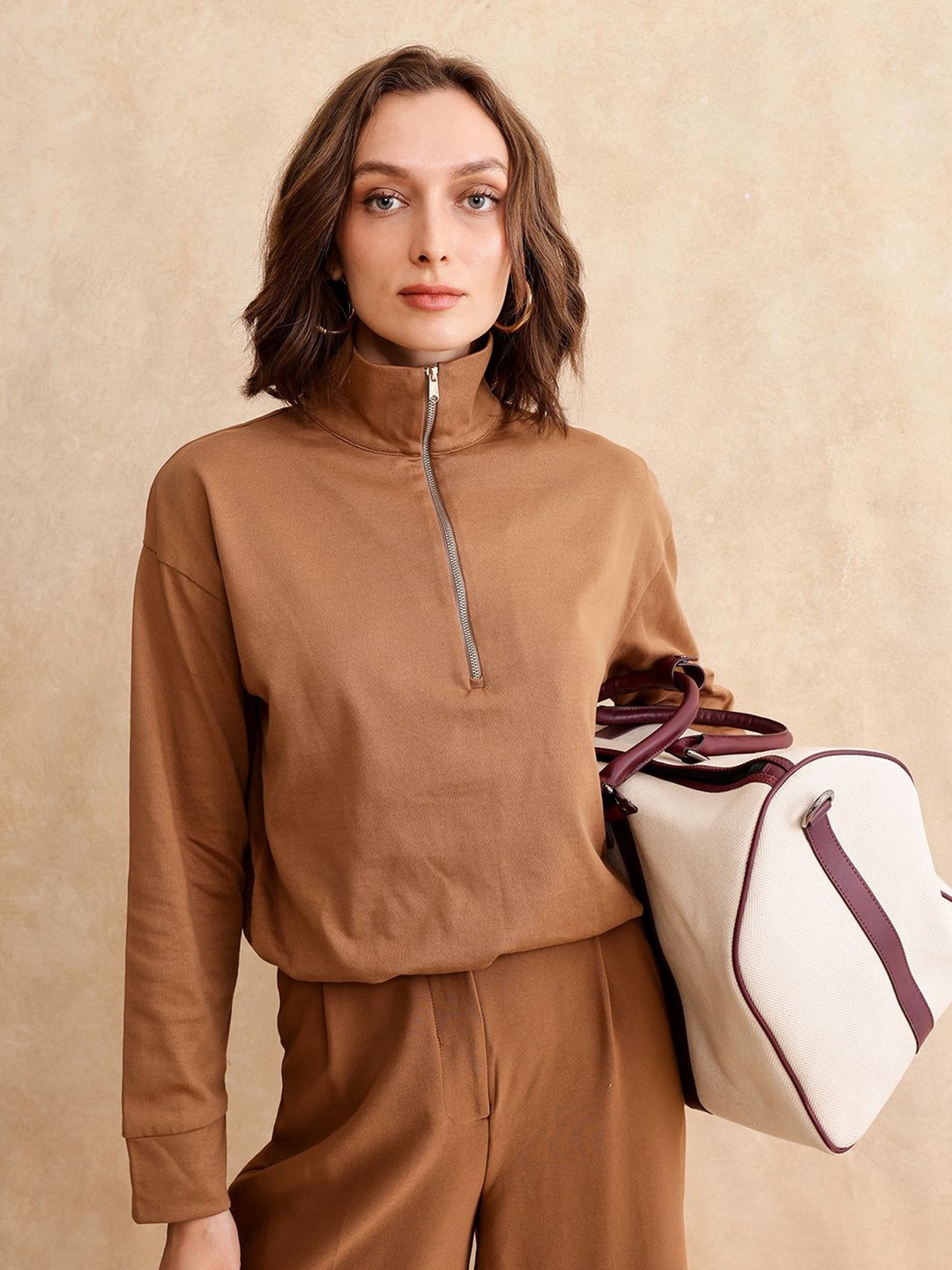 

RAREISM Women Half Zipper Cotton Top, Brown