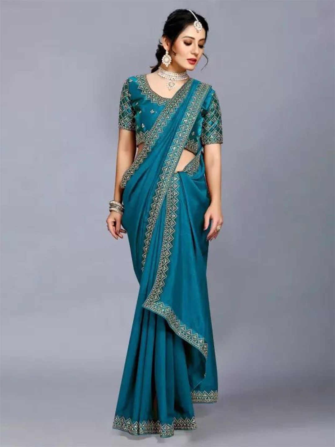 

SAADHVI Embellished Beads and Stones Saree, Sea green