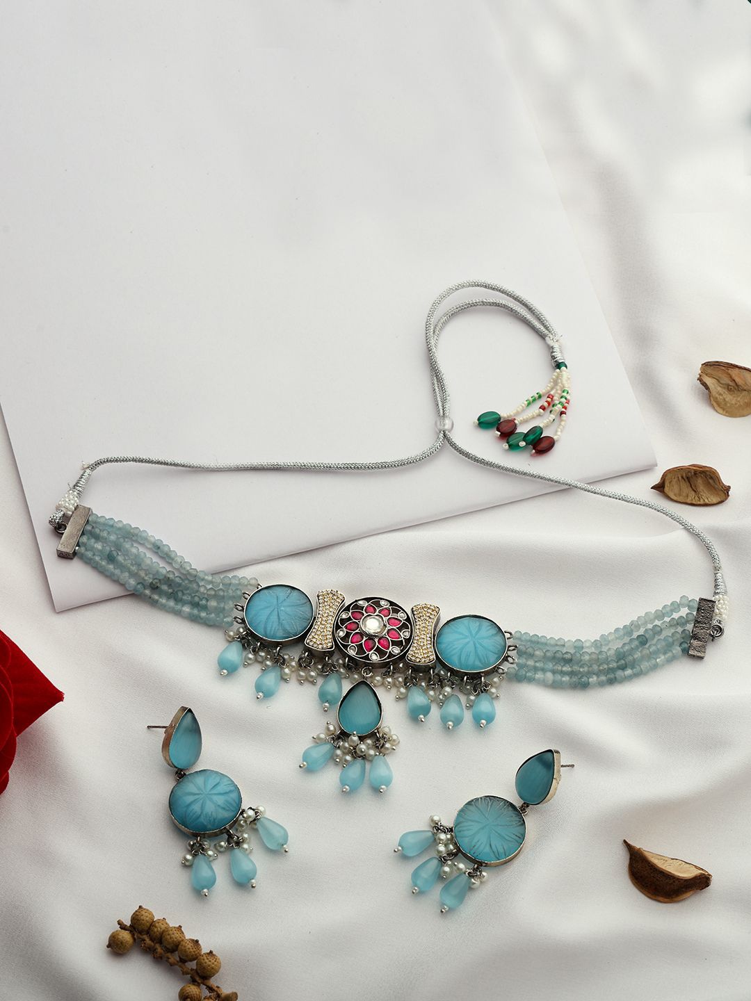 

PATOLA BY VJ Silver-Plated Kundan Stones-Studded & Pearls Beaded Jewellery Set