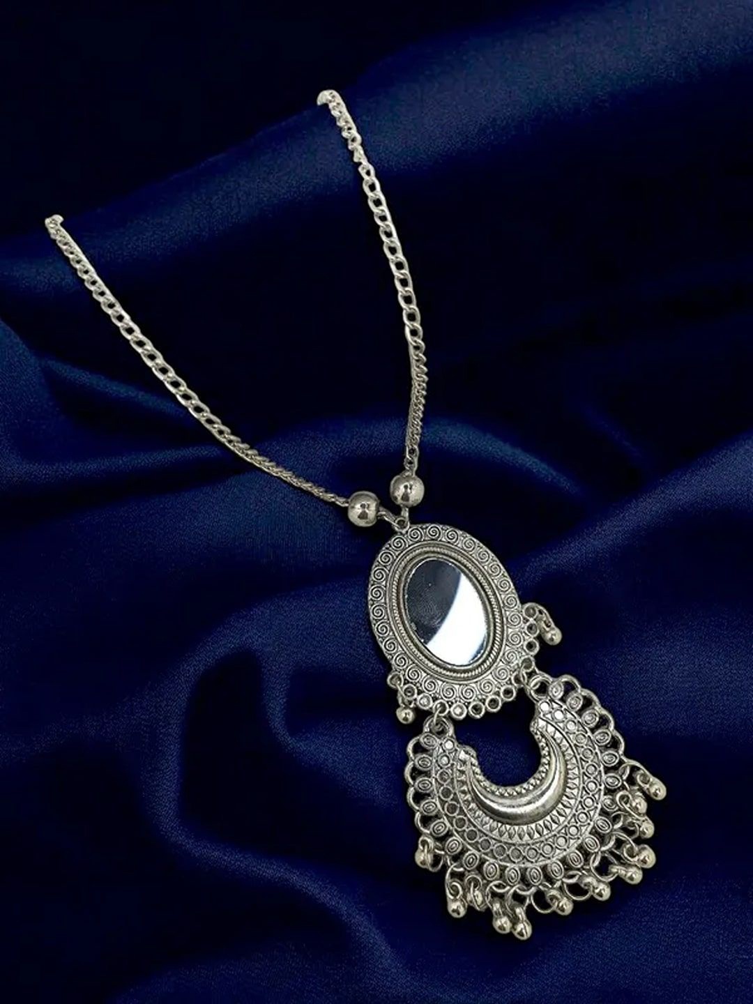 

9blings Silver-Plated Beaded Mirror Oxidised Necklace