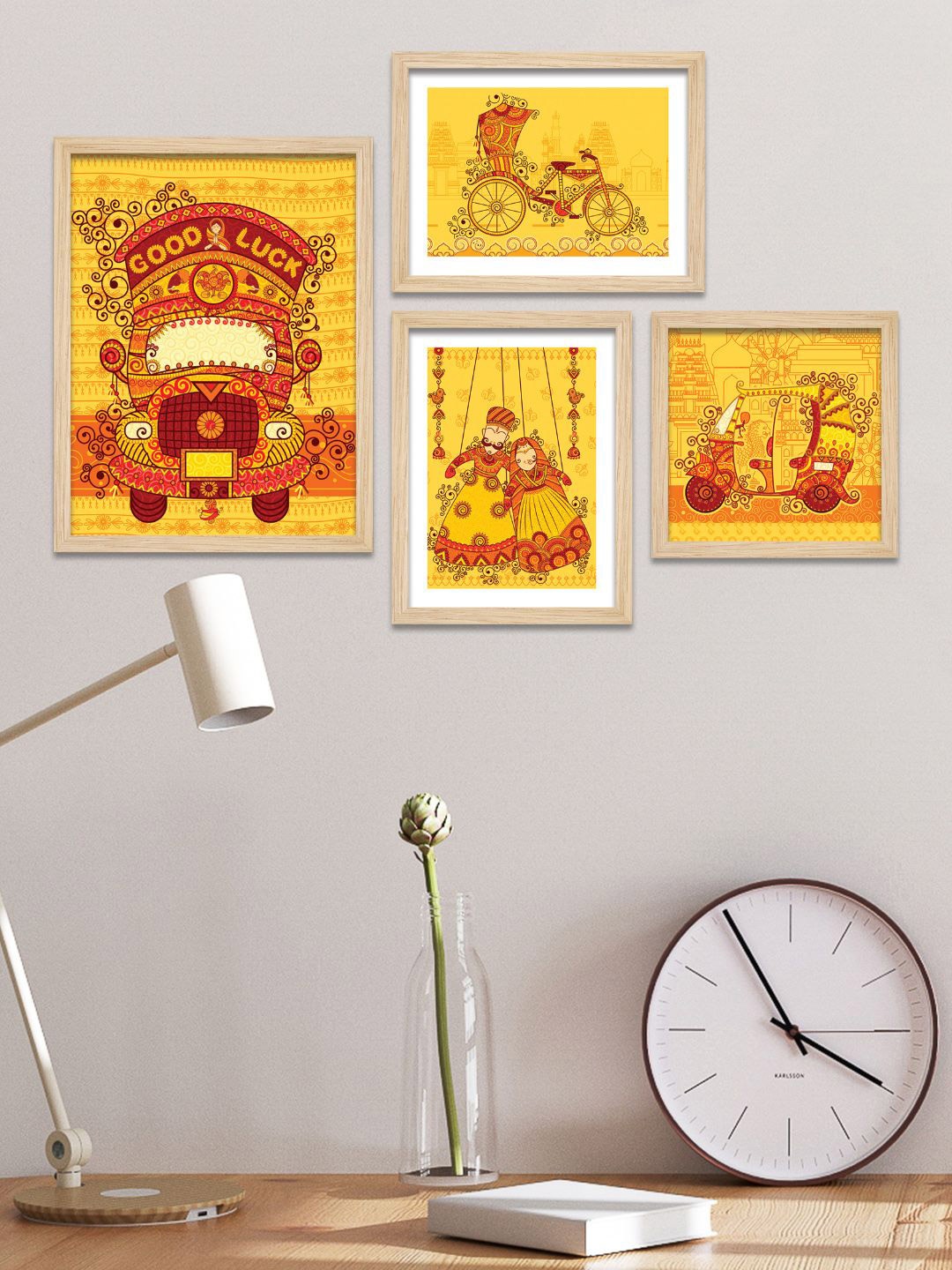 

ArtVibes Yellow & Red 4 Pieces Printed Transportation of India Wooden Wall Arts