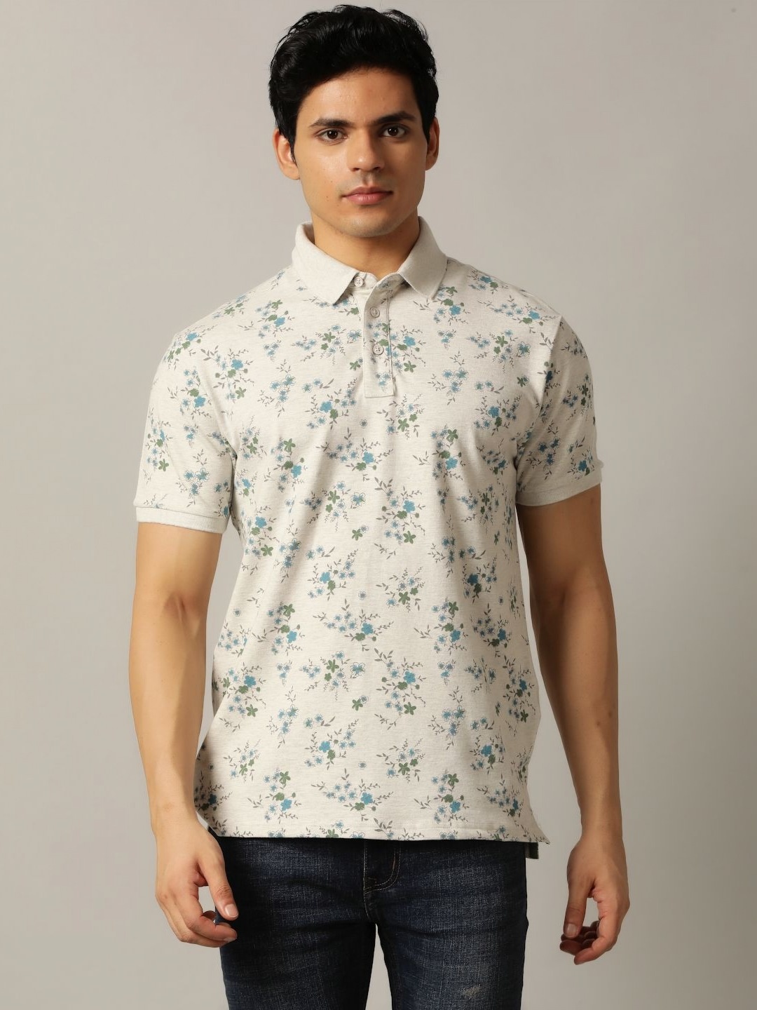 

JADE BLUE Men Printed Polo Collar Tropical Raw Edge Slim Fit T-shirt, Beige