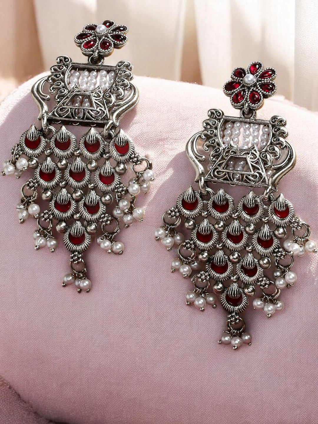 

Sangria Artificial Stones and Beads Studded Earrings, Silver
