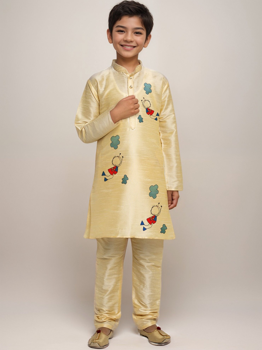 

DEVOILER Boys Abstract Printed Mandarin Collar Straight Kurta, Beige